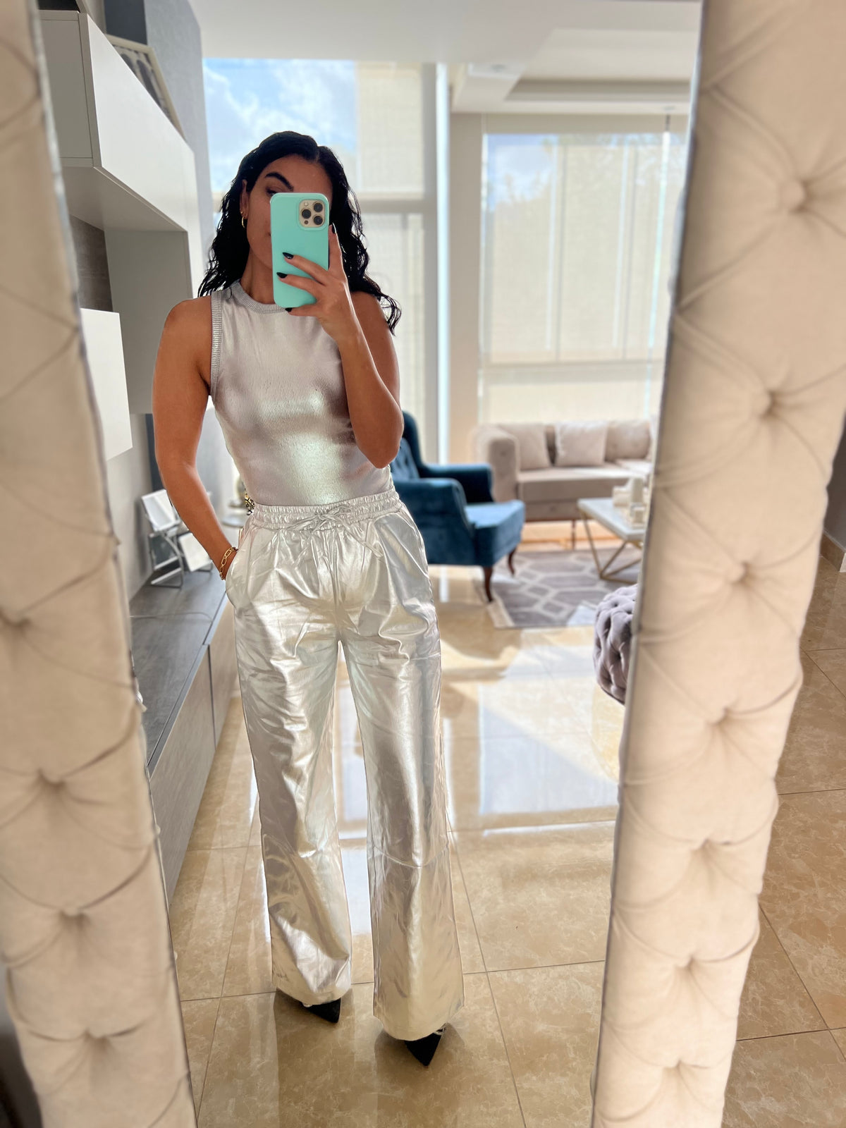 Metallic wide leg pant